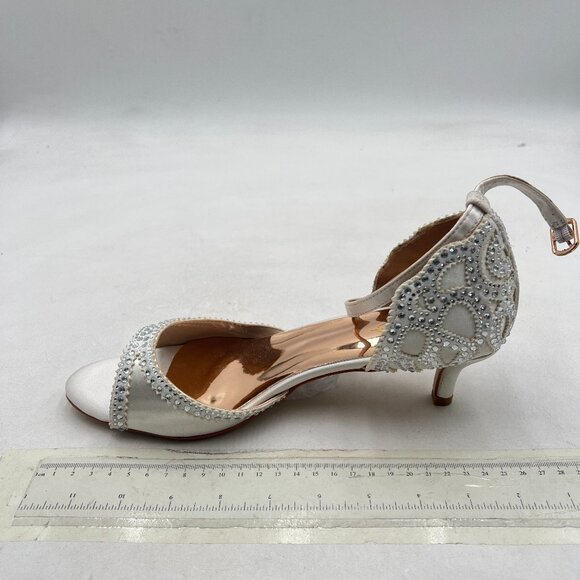 XYD Ivory Open Toe Rhinestones Ankle Strap Sandals Low Heel Bridal Evening Shoes - Picture 2 of 8
